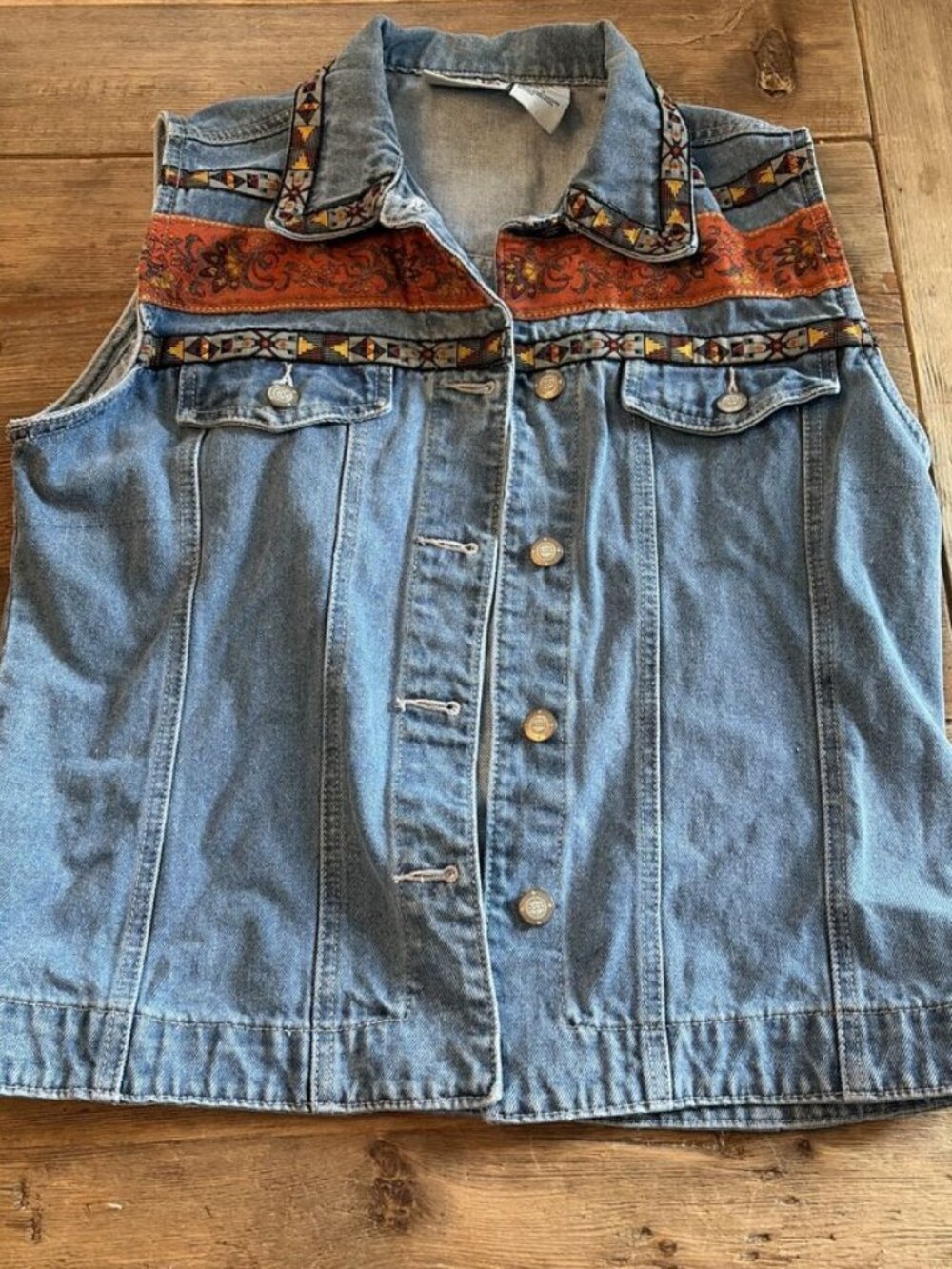Bill Blass Jeanswear Vintage Denim Vest Tapestry Aztec Trim Size M
